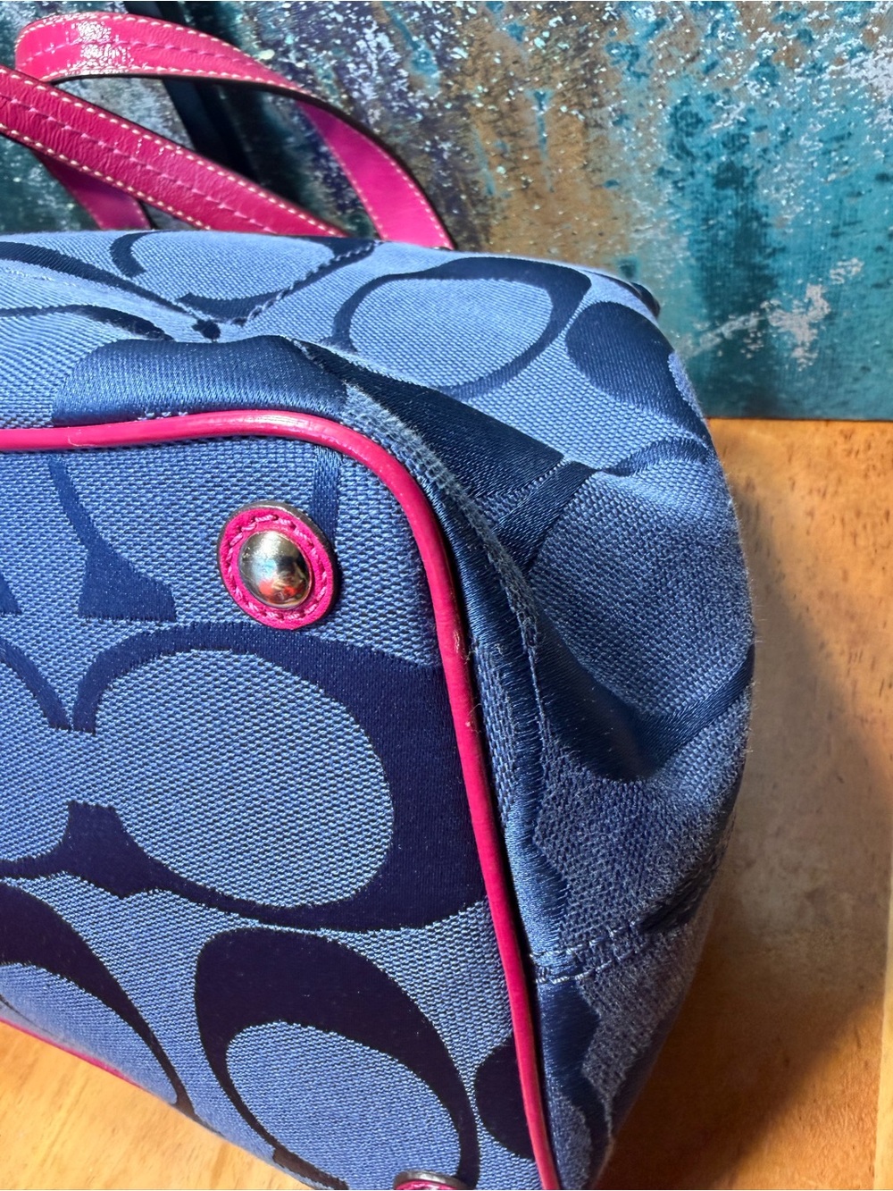 Coach Barbiecore Kisslock Y2K 2010 Laura Signature Carryall Navy Fuchsia Tote - Picture 11 of 14